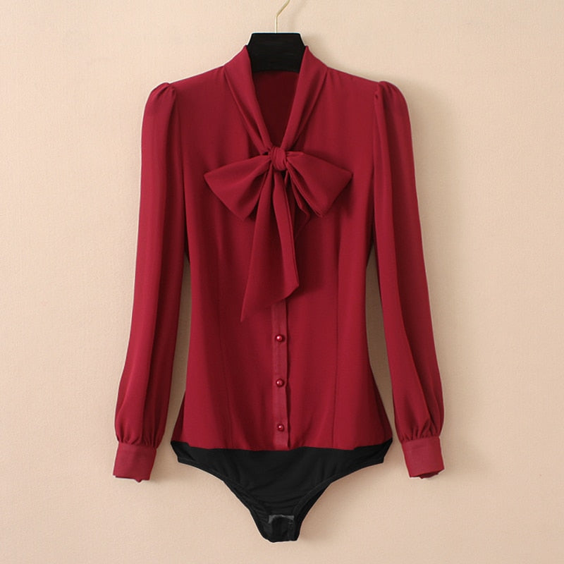 Elegant Chiffon Bodysuits Lantern Long Sleeve Bow Tie Neck Office