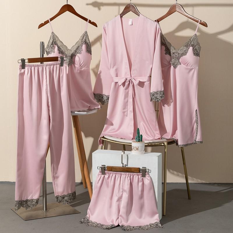 5PCS Pajamas Set Satin Lace Women Nightwear Sleep Suit