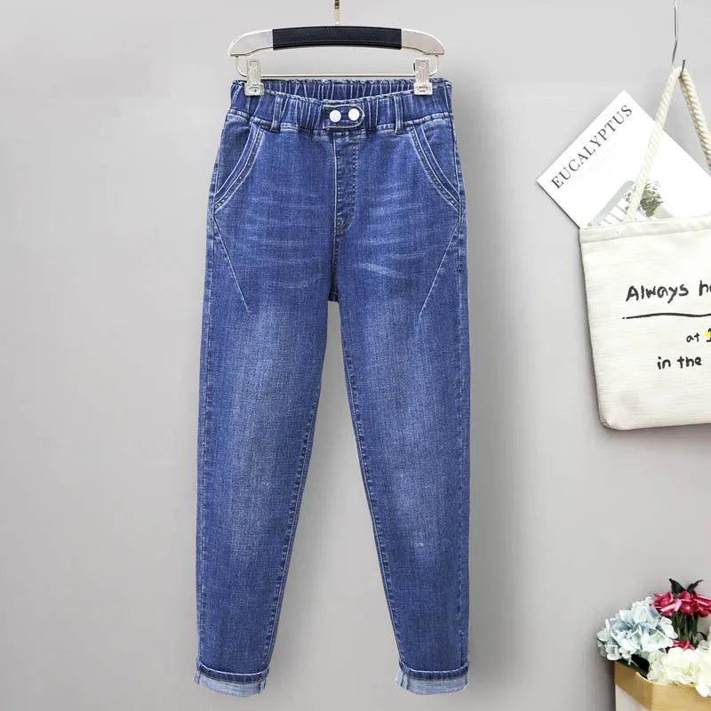 Women Harem Jeans Stretch High Waist Fleece Thicken