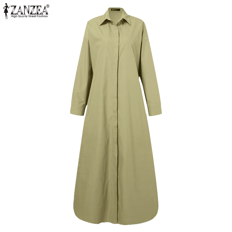 Stylish Solid Shirt Dress Casual Long Sleeve Maxi Lapel Robe Oversized