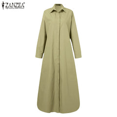 Stylish Solid Shirt Dress Casual Long Sleeve Maxi Lapel Robe Oversized