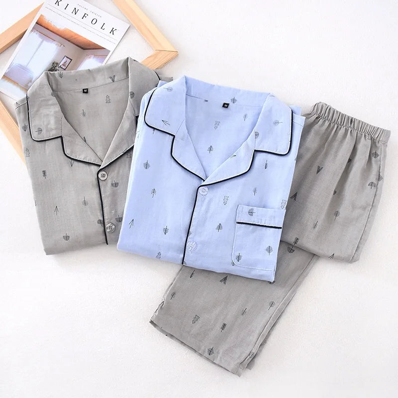 Men's Pajamas Set Solid Color Simple Style Sapling Printed Turn-down Collar