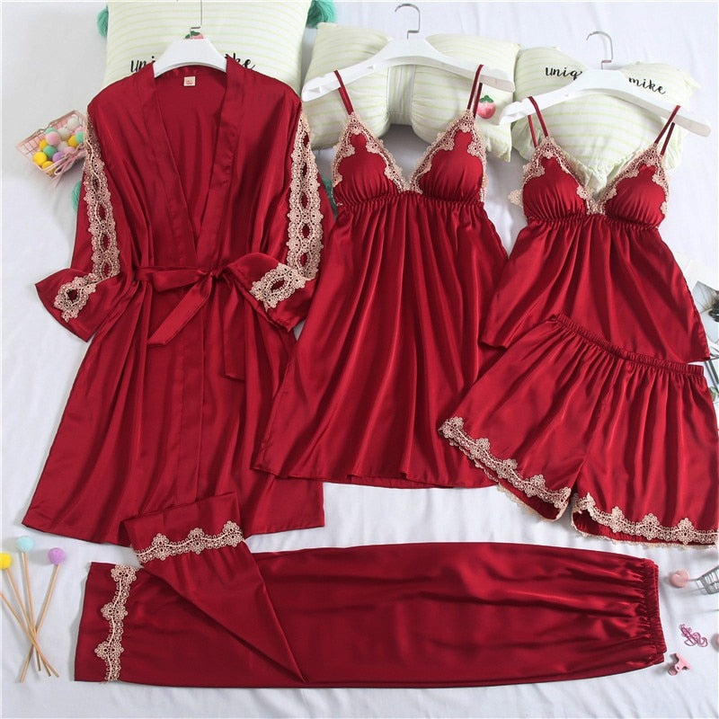 5PCS Lace Robe Gown Satin Nighty Bathrobe Nightgown Sleep Suit