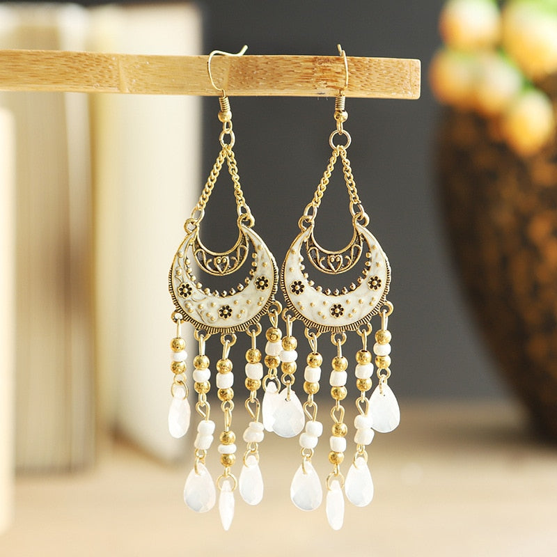 Bohemian Antique Gold Color Long Water Drop Tassel Earrings