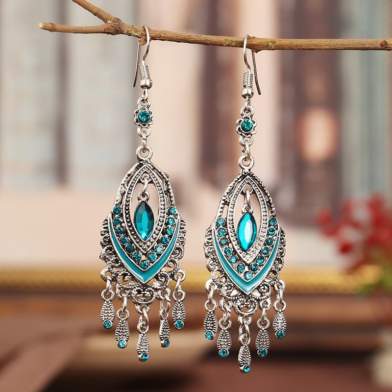 Bohemian Ethnic Long Blue Acrylic Crystal Water Drop Earrings Retro