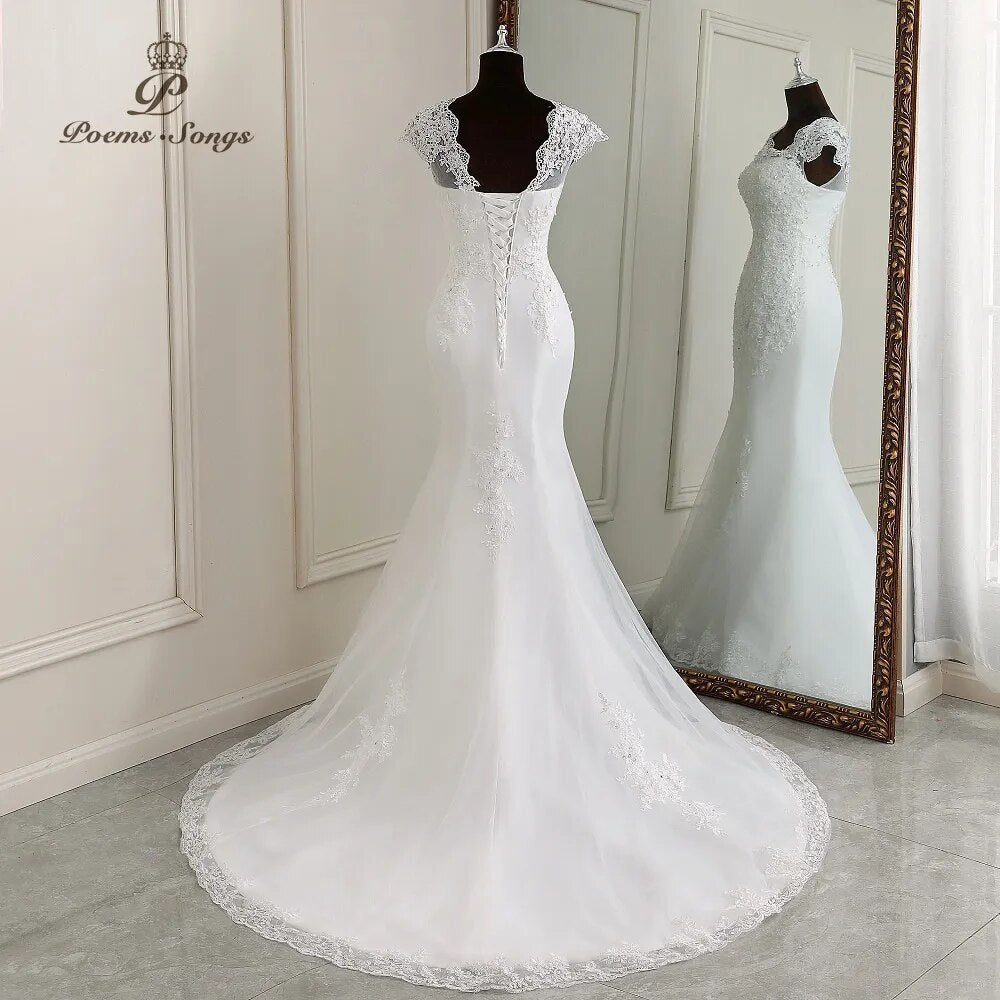 Elegant dresses Mermaid Wedding Dress cap sleeves style Lace