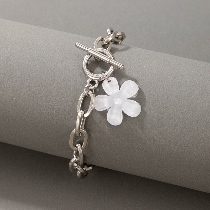 1Pc Flower Silver Color Chain Wrist Bracelet