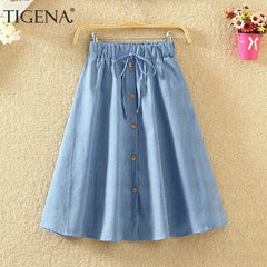 Knee Length Striped Denim Skirt Fashion Casual A Line