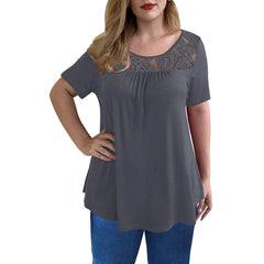 Plus Size Lace Blouses Shirts Stitching Short Sleeve Round Neck