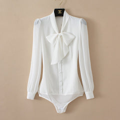 Elegant Chiffon Bodysuits Lantern Long Sleeve Bow Tie Neck Office