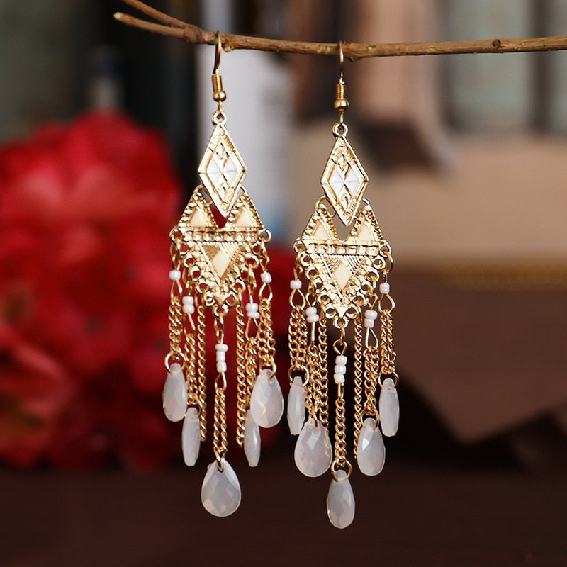 Bohemian Antique Gold Color Long Water Drop Tassel Earrings