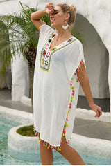 Bikini Cover Up With Fringe Trim Hollow Tunic Beach Dress