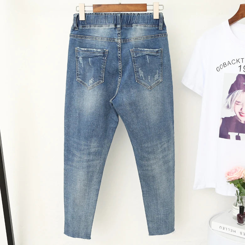 Baggy Elastic Waist Jeans Style Ripped Pants