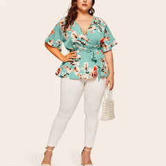 Plus Size V-Neck Short-Sleeved Printing Blouse