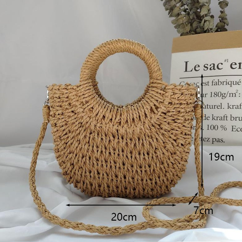 Round Straw Beach Vintage Handmade Woven Shoulder Bag