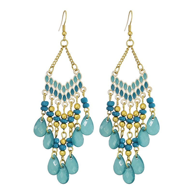 Bohemian Ethnic Long Blue Acrylic Crystal Water Drop Earrings Retro