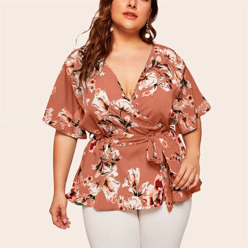 Plus Size V-Neck Short-Sleeved Printing Blouse