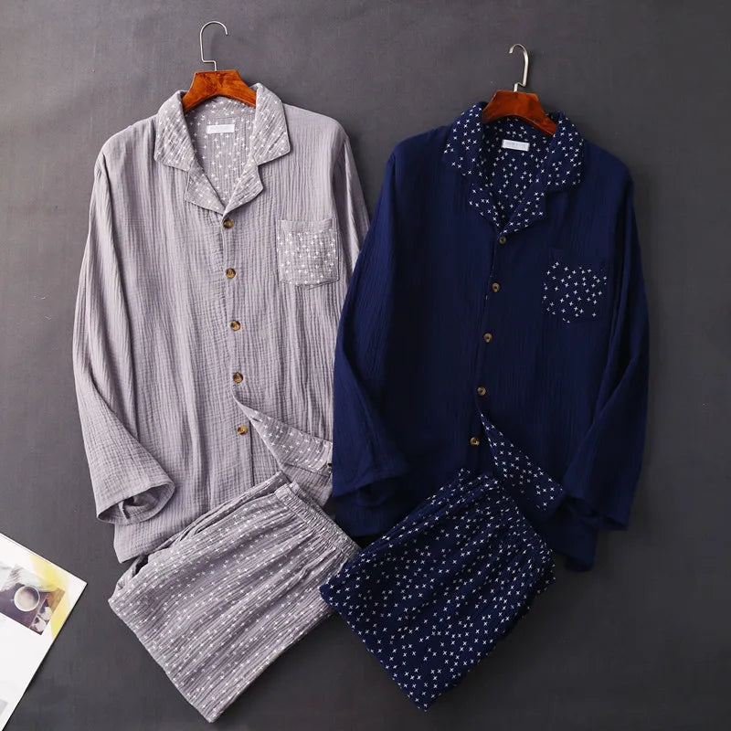 men's cotton crepe cloth button pajamas set simple large size