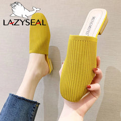 Women Mules Knit Fabric Slippers Med Chunky Heel Casual