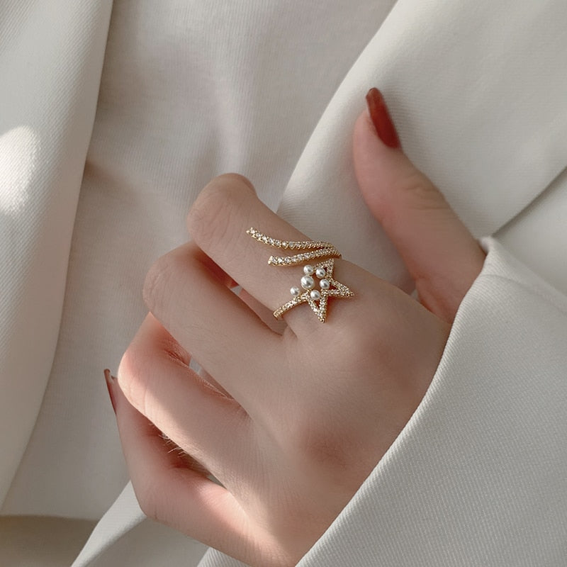 Star Shape Pearl Zircon Gold Color Opening Rings