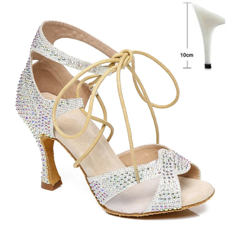 Pearl Rhinestone Latin Dance Shoes Soft Soles High Heels