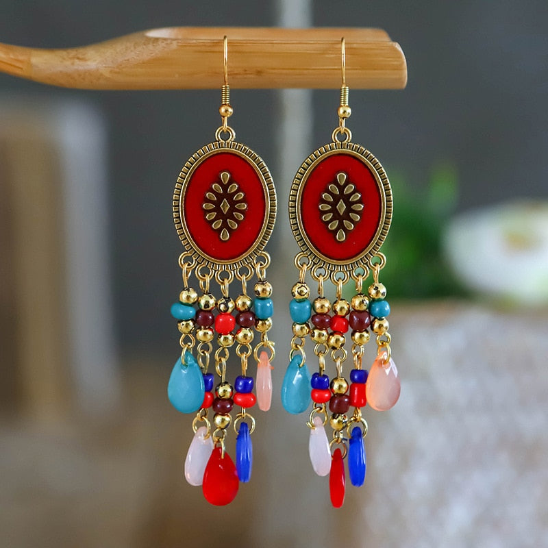 Bohemian Antique Gold Color Long Water Drop Tassel Earrings