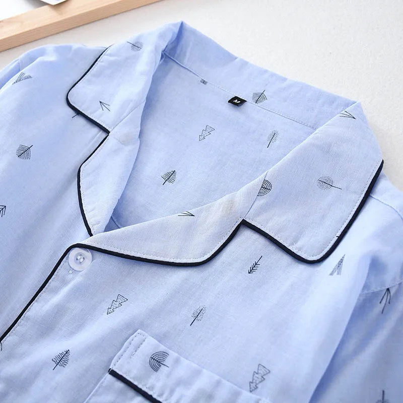 Men's Pajamas Set Solid Color Simple Style Sapling Printed Turn-down Collar