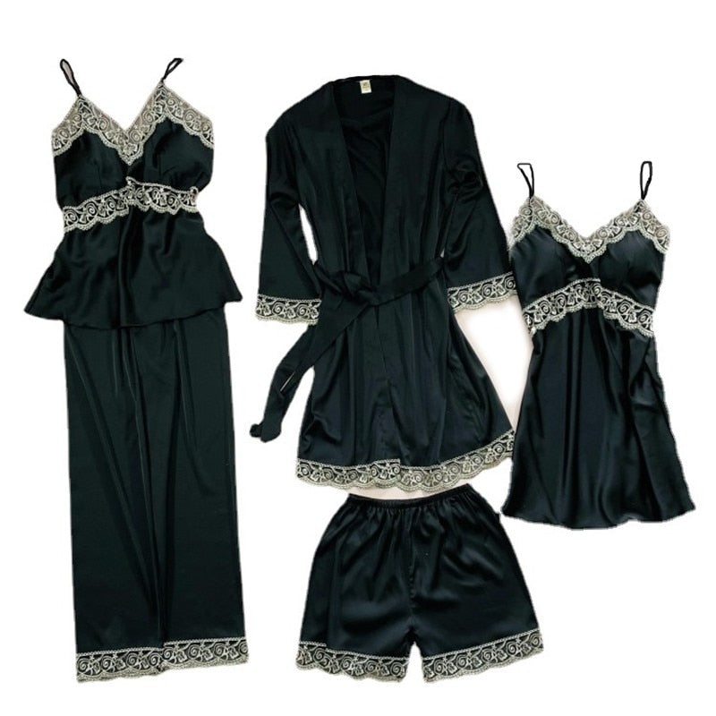 5PCS Lace Satin Robe Gown Sets Nighty Sleepwear Nightgown