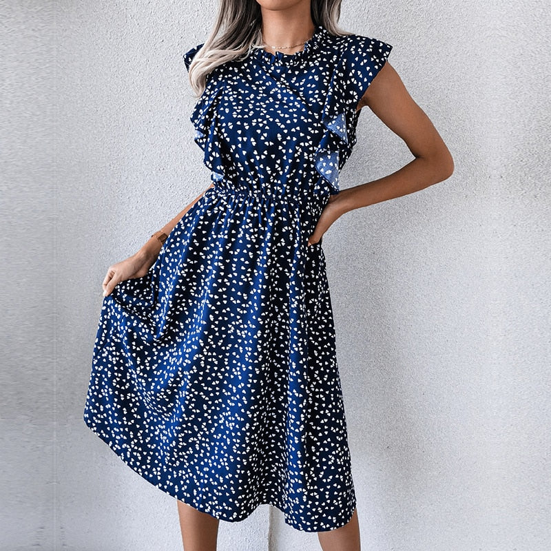 Vintage Butterfly Sleeve Ruffles Heart Dot Print Dress