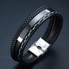 Name Leather Bracelets for Men Glossy Stainless Steel