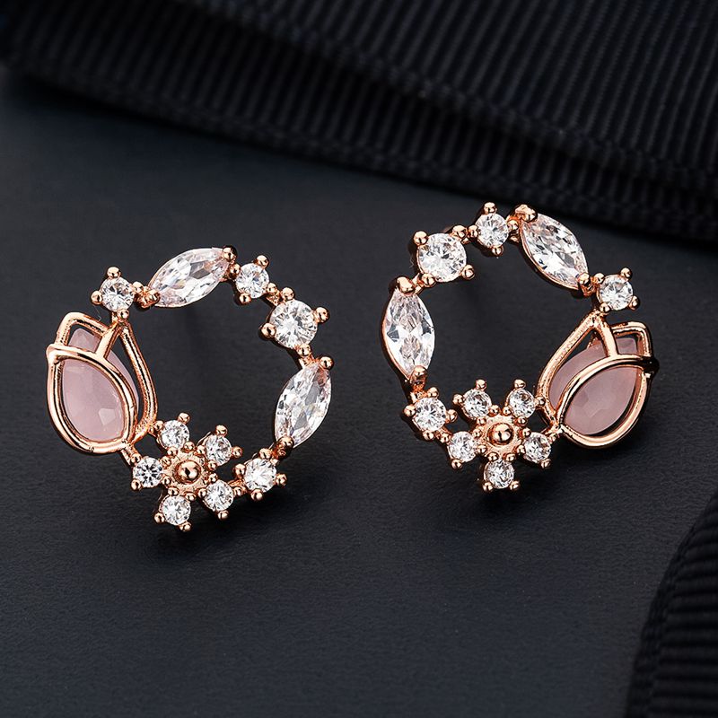 Moon Pearl Zircon Stud Earrings Crystal Flower