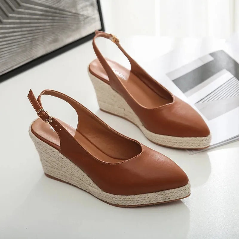 Leather Wedge Shallow Mouth Espadrilles Sandals High Heel