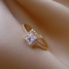 Simple Square Zircon Gold Color Open Rings