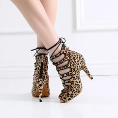 Women Latin Dance Shoes Ballroom Leopard Print Ladies Lace-Up