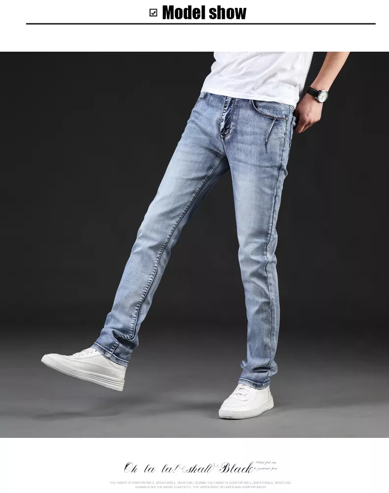 Jeans Men Classical Fashion Elasticity Denim Pants Light Blue Washed