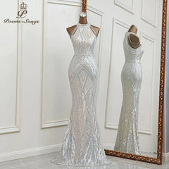 Silver mermaid evening bridesmaid party dress