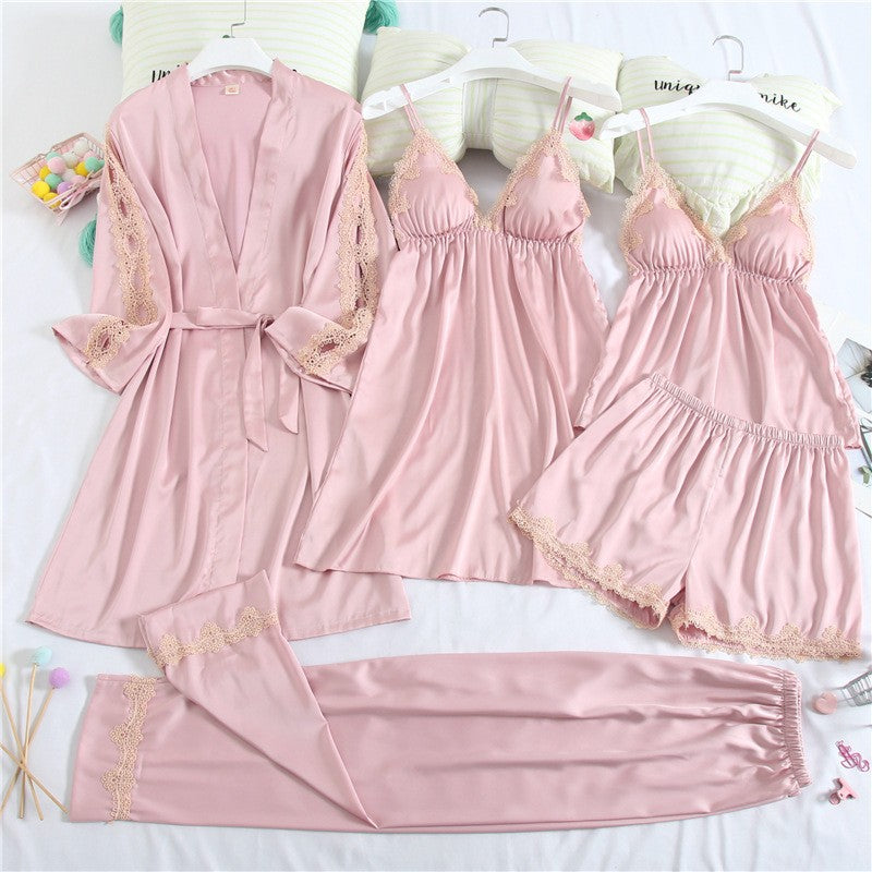 5PCS Lace Robe Gown Satin Nighty Bathrobe Nightgown Sleep Suit