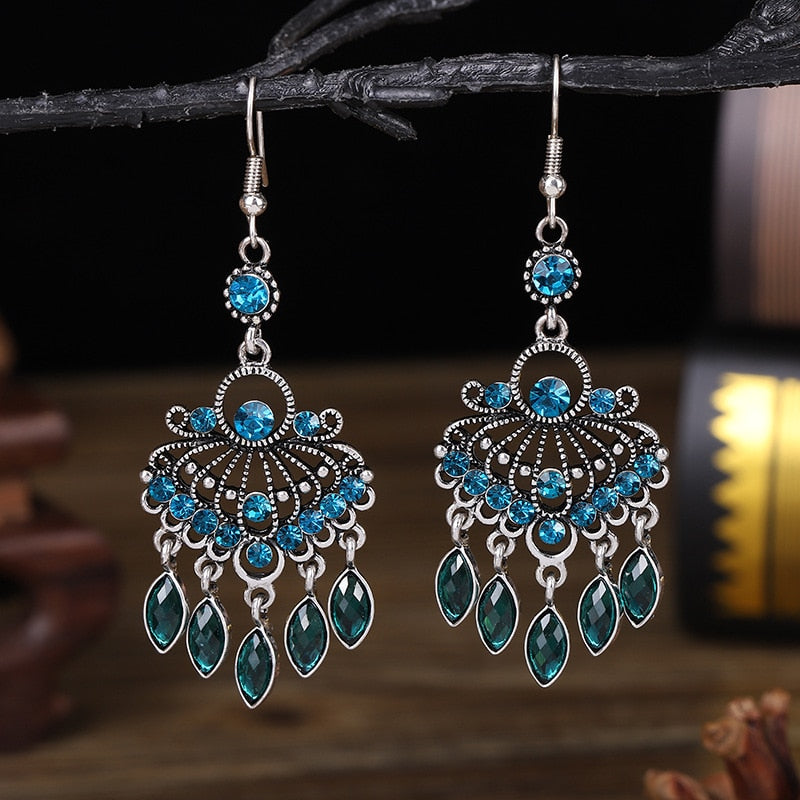 Bohemian Ethnic Long Blue Acrylic Crystal Water Drop Earrings Retro