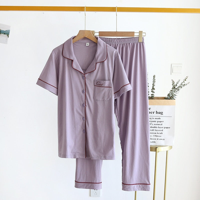 Couple Pajamas Two-piece Short-sleeved Pants Simple Home Service Set Male