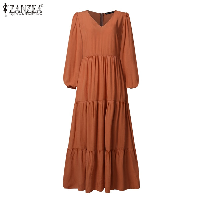 Stylish Ruffle Maxi Dress Casual Puff Sleeve Tunic