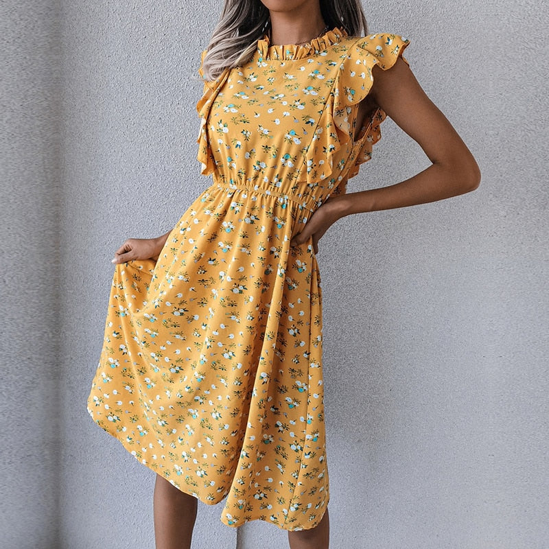 Vintage Butterfly Sleeve Ruffles Heart Dot Print Dress