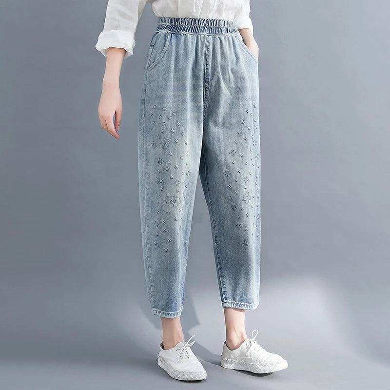 Jeans Floral Embroidery Vintage Casual Loose Denim Harem Pants