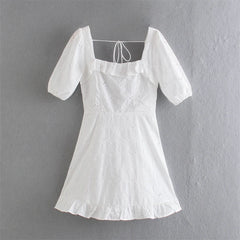 White Lace Beach Bohemian Mini Dresses Ladies Square Collar Backless