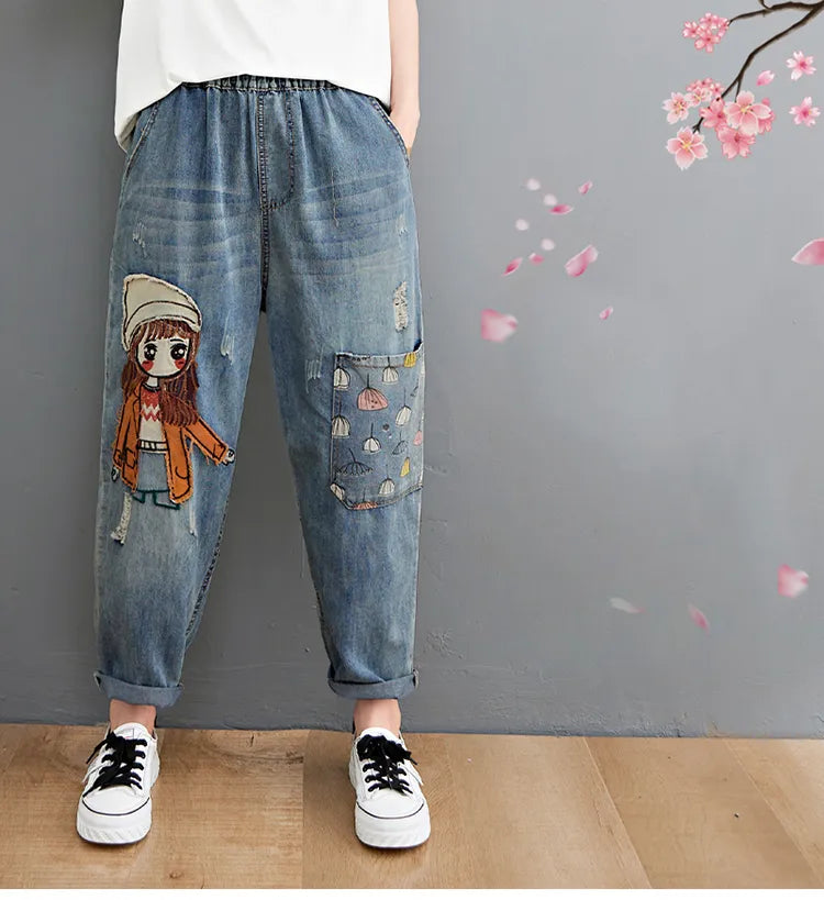 Embroidery Denim Pants For Women Trendy Hole Casual High Waist