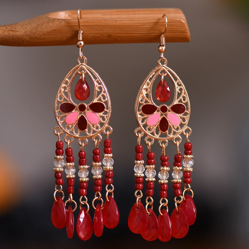 Bohemian Antique Gold Color Long Water Drop Tassel Earrings