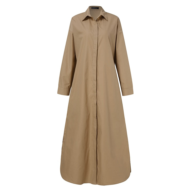 Stylish Solid Shirt Dress Casual Long Sleeve Maxi Lapel Robe Oversized