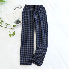 couples cotton crepe cloth plaid trousers large size home simple casual pants