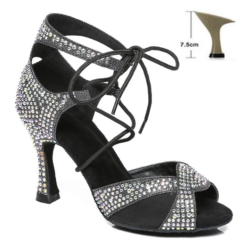 Pearl Rhinestone Latin Dance Shoes Soft Soles High Heels