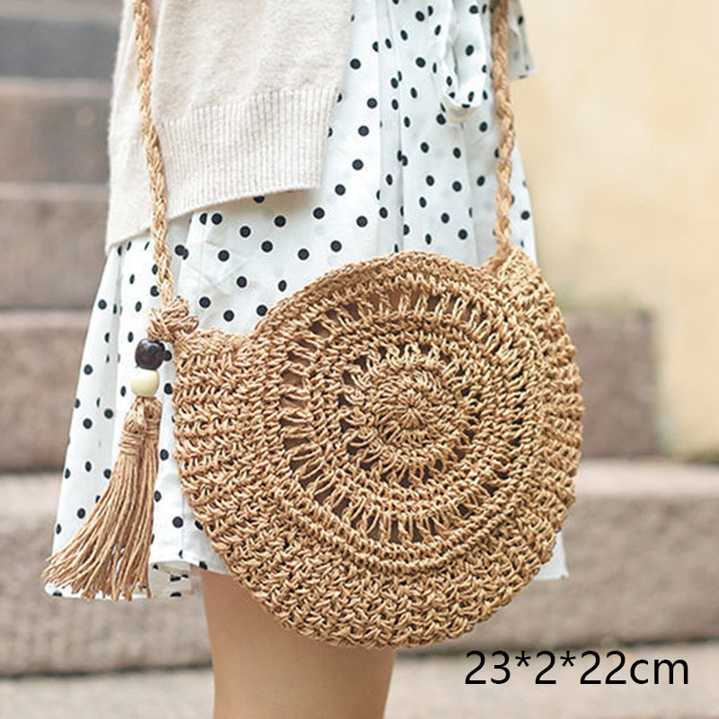 Round Straw Beach Vintage Handmade Woven Shoulder Bag