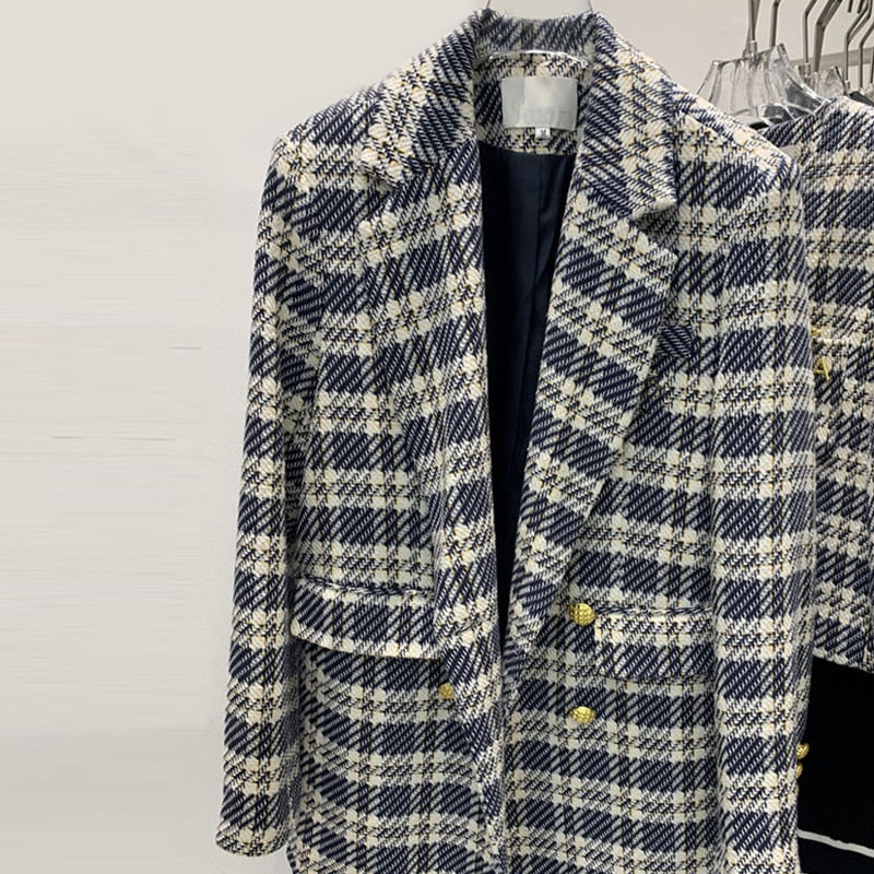 Vintage Tweed Blazer Women Double Breasted Fashion Chic Jackets